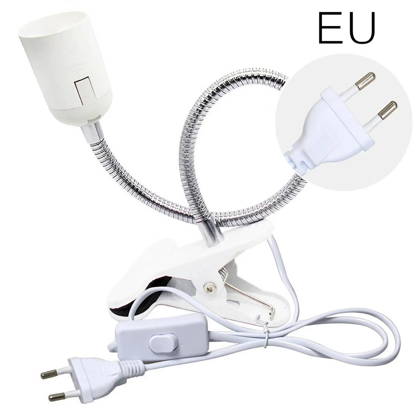 EU US Plug 360 Degree Flexible Desk Lamp Holder E27 Light Base Socket Gooseneck Clip-on Cable with Power On Switch for Home