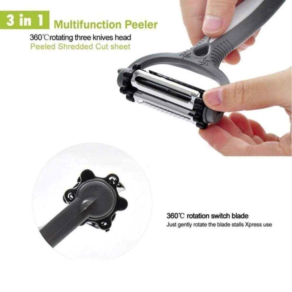 New Multifunctional 360 Degree Rotary Peeler Kitchen Tool 3 in 1 Rotary Fruit Vegetable Carrot Potato Peeler Cutter Slicer