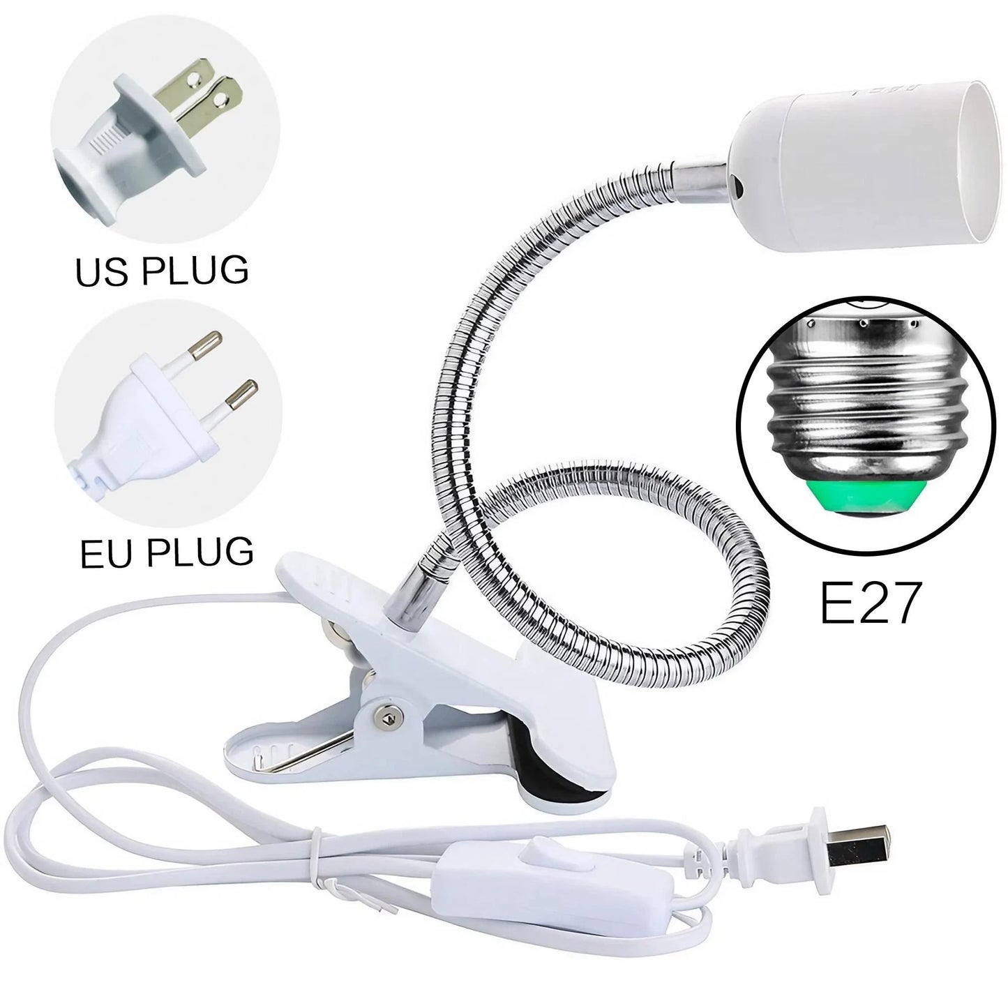 EU US Plug 360 Degree Flexible Desk Lamp Holder E27 Light Base Socket Gooseneck Clip-on Cable with Power On Switch for Home