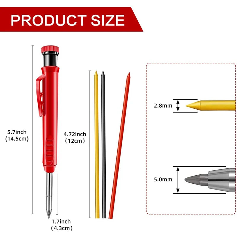 Solid Carpenter Pencil Set With 6 Refill Leads Built-in Sharpener Marking Tool Woodworking Deep Hole Mechanical Pencils