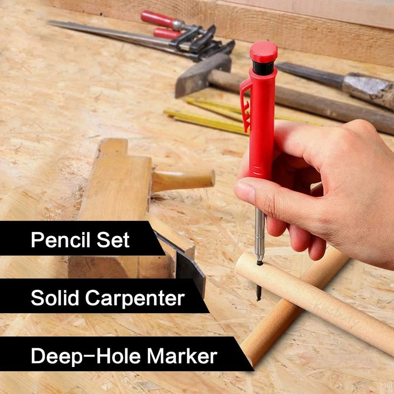 Solid Carpenter Pencil Set With 6 Refill Leads Built-in Sharpener Marking Tool Woodworking Deep Hole Mechanical Pencils