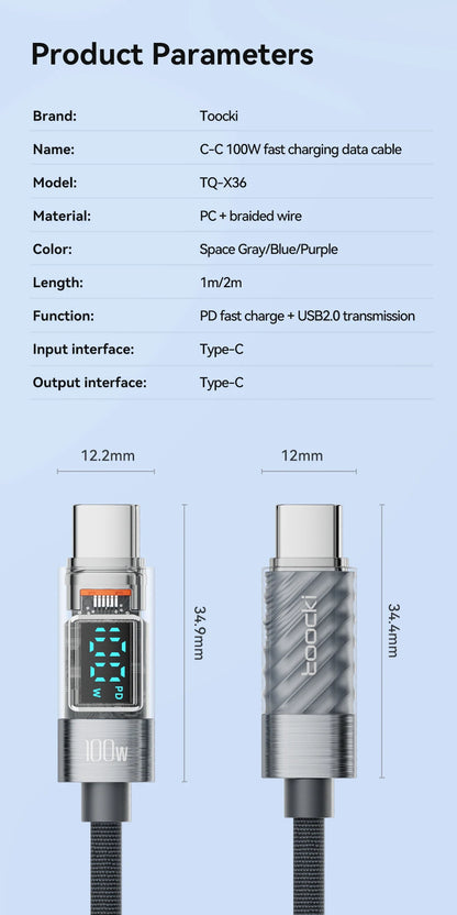 Type C to Type C Cable 100W PD Display Fast Charging Charger USB C to USB C Transparent Cable For Xiaomi Macbook