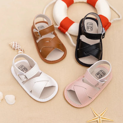 Meckior Newborn Baby Sandals Flats PU Leather Rubber Sole Anti-Slip First Walker Toddler Baby Girl Shoes Summer Infant Shoes