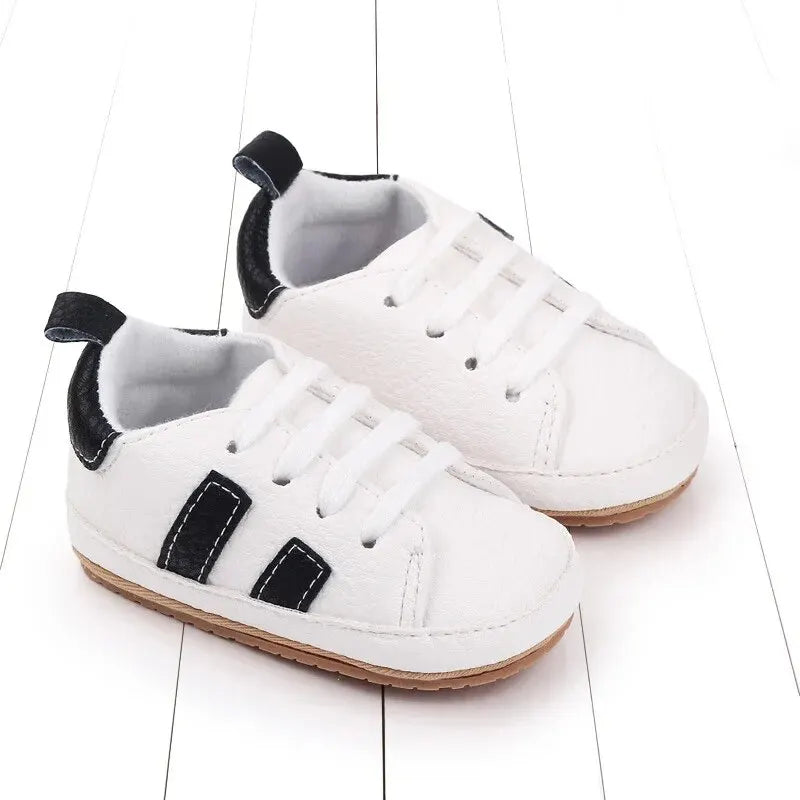 Meckior Striped Baby PU Leather Casual Sneakers Toddler Shoes Newborn Non-slip Rubber Sole Lace-up Infant Boy Girl Shoes