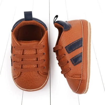 Meckior Striped Baby PU Leather Casual Sneakers Toddler Shoes Newborn Non-slip Rubber Sole Lace-up Infant Boy Girl Shoes