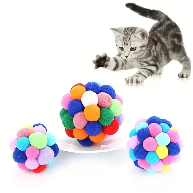 3PCS Cat Toys Cat Plush Ball Toy Pet Elastic Bell Ball Self Hi Ball Playing Cat Colorful Woolen Ball