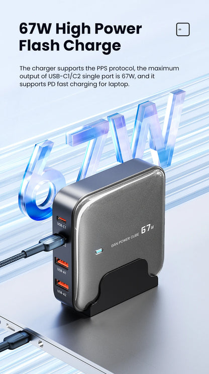 Charger Charging Station Multi Port 67W GaN USB Charger Desktop Type C PD QC Quick Charge For iPhone MacBook Pro Xiaomi