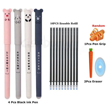 Kawaii Erasable Gel Pen Set Cartoon Animals Cute Cat Erasable Pen Erasable Refill Rod Washable Handle Pen Grip School Stationery