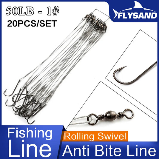 Anti Bite Steel Fishing Line Steel Wire Leader With #1 Hook With Swivel 50LB 20Pcs/Bag 3 Colors Fishing Tackle Gear