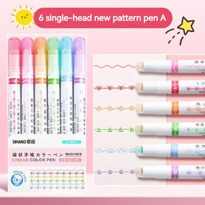 6Pcs/Set Flower Line Shape Highlighter Pen Roller Tip Curve Liner Marker Kawaii Korean Stationery School Office Supplies Gifts