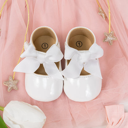 Meckior Baby Shoes Bowknot Rubber Sole Anti-slip PU Ballet Slippers Baby Girl Dress Shoes First Walker Toddler Crib Shoes