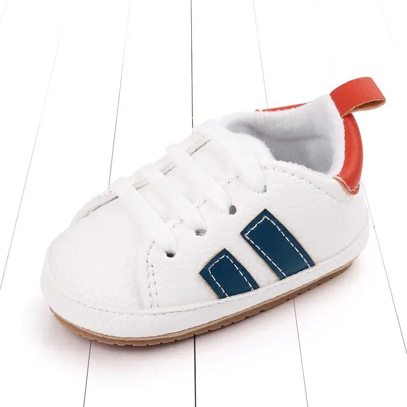 Meckior Striped Baby PU Leather Casual Sneakers Toddler Shoes Newborn Non-slip Rubber Sole Lace-up Infant Boy Girl Shoes