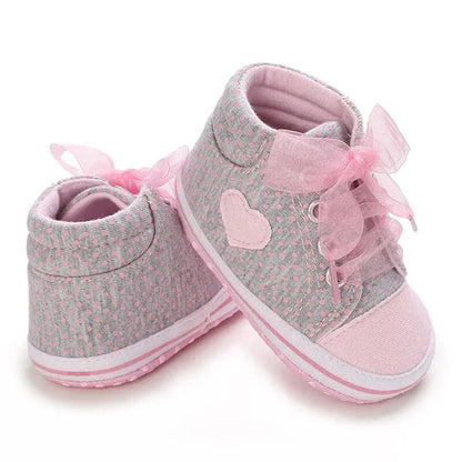 Meckior Newborn Baby Walking Girls Canvas Shoes Heart-shaped Bow Tie Baby Lace Casual Shoes Anti-slip Soft Cotton Sole