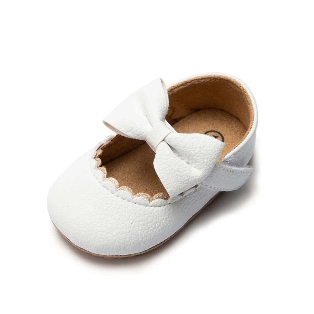 Retro New Newborn Baby Walking Shoes Spring Autumn Solid Color Bow Princess Shoes PU Anti-slip Soft Rubber Bottom Baby Casual