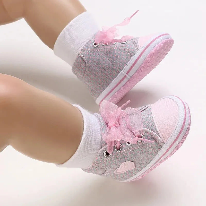 Meckior Newborn Baby Walking Girls Canvas Shoes Heart-shaped Bow Tie Baby Lace Casual Shoes Anti-slip Soft Cotton Sole