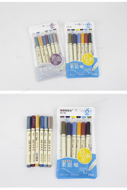 6pcs New Retro Color Lettering Painting Art Marker Pens Set Soft Brush Tip Fine Line Calligraphy Design Drawing Art Stationery