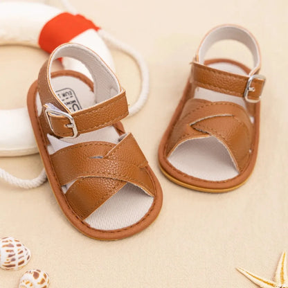 Meckior Newborn Baby Sandals Flats PU Leather Rubber Sole Anti-Slip First Walker Toddler Baby Girl Shoes Summer Infant Shoes