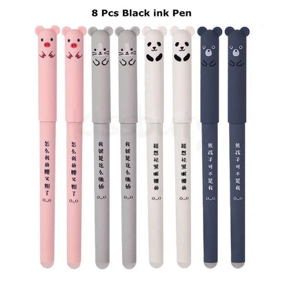 Kawaii Erasable Gel Pen Set Cartoon Animals Cute Cat Erasable Pen Erasable Refill Rod Washable Handle Pen Grip School Stationery