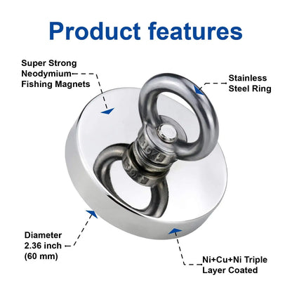 Super Strong Neodymium Fishing Magnet Hook N52 Heavy Duty Rare Earth Magnet With Countersunk Hole Eyebolt 16-90mm Salvage Magnet