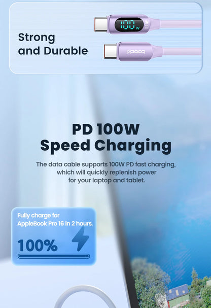 100W USB C To Type C Cable 5A PD Fast Charge Charger Type C LED Display Cable For Macbook Xiaomi Huawei Samsung Cable