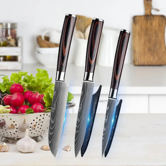 3 Pcs Set Kitchen Knives Set Stainless Steel 7CR17 440C Laser Damascus Japanese Santoku Cleaver Slicing Utility Chef Knife