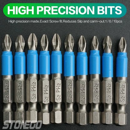 Screwdriver Bits 1/4" Hex Shank Magnetic Cross Screw Head Anti Slip Electric Tip 50MM Driver Drill Set Tools