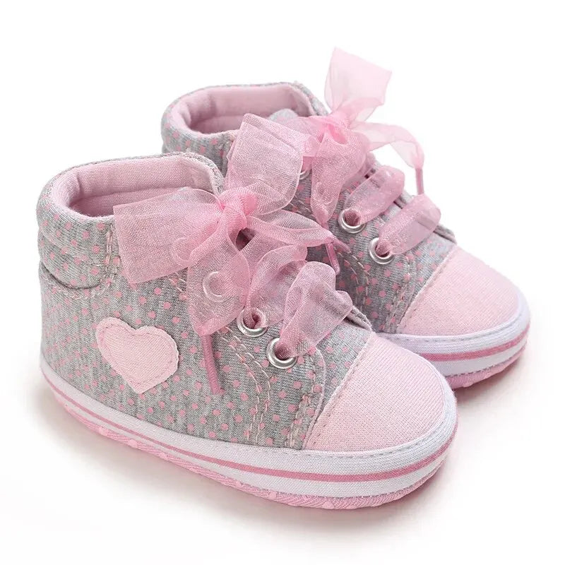 Meckior Newborn Baby Walking Girls Canvas Shoes Heart-shaped Bow Tie Baby Lace Casual Shoes Anti-slip Soft Cotton Sole