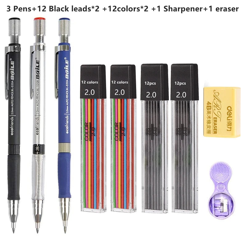 2.0 mm Mechanical Pencils Set 2B Automatic Student Pencils Color/Black Lead Refills Art Sketch School Supplies Kawaii Stationery