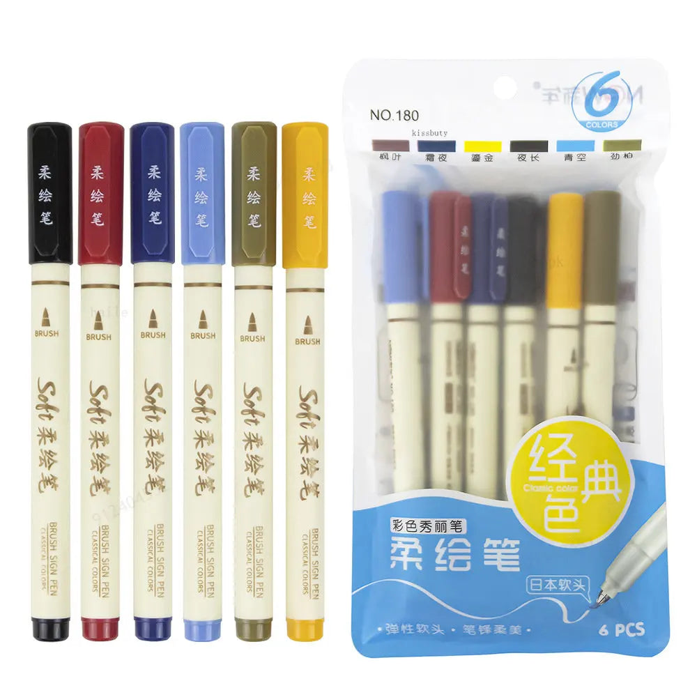 6pcs New Retro Color Lettering Painting Art Marker Pens Set Soft Brush Tip Fine Line Calligraphy Design Drawing Art Stationery