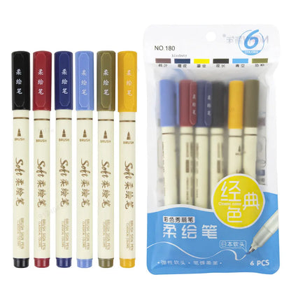 6pcs New Retro Color Lettering Painting Art Marker Pens Set Soft Brush Tip Fine Line Calligraphy Design Drawing Art Stationery