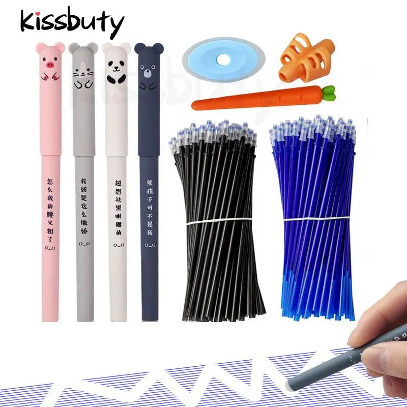 Kawaii Erasable Gel Pen Set Cartoon Animals Cute Cat Erasable Pen Erasable Refill Rod Washable Handle Pen Grip School Stationery