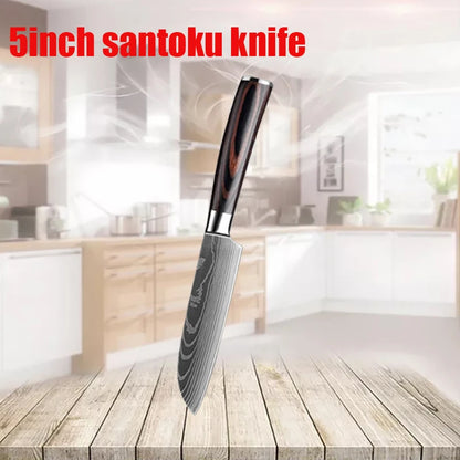 3 Pcs Set Kitchen Knives Set Stainless Steel 7CR17 440C Laser Damascus Japanese Santoku Cleaver Slicing Utility Chef Knife