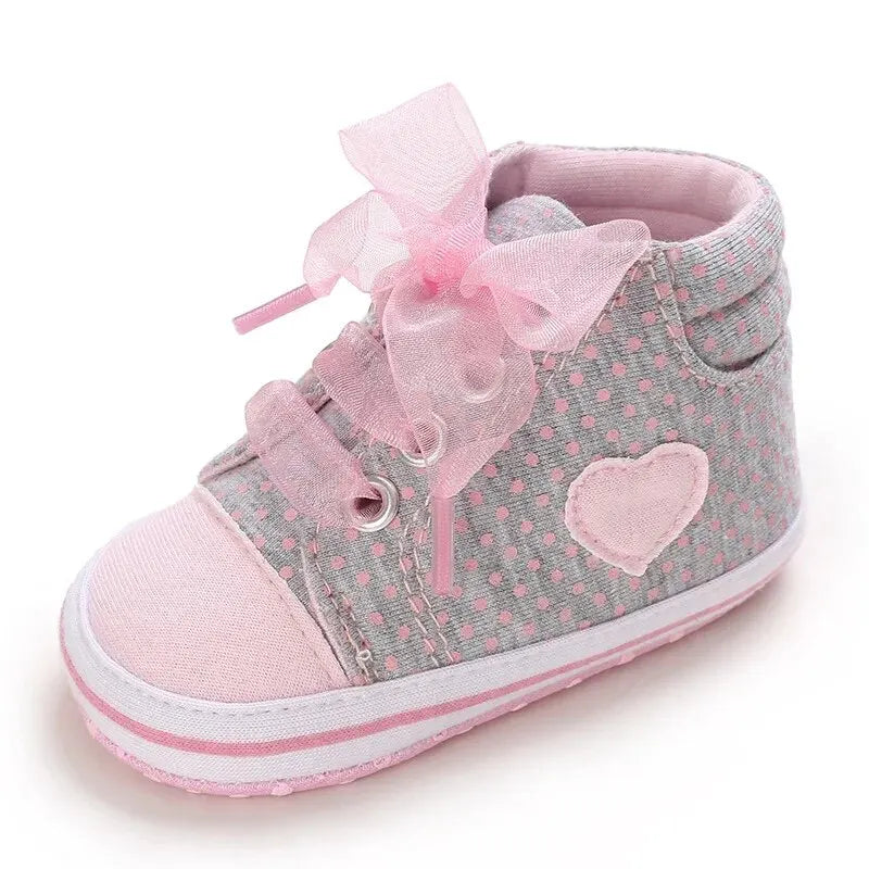 Meckior Newborn Baby Walking Girls Canvas Shoes Heart-shaped Bow Tie Baby Lace Casual Shoes Anti-slip Soft Cotton Sole