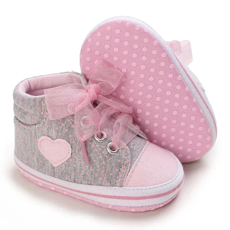 Meckior Newborn Baby Walking Girls Canvas Shoes Heart-shaped Bow Tie Baby Lace Casual Shoes Anti-slip Soft Cotton Sole