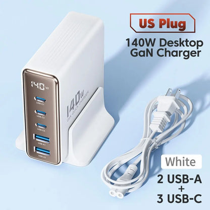 140W GaN USB Charger 5in1 Desktop Fast Charge USB Type C Charger LED Display Charger For iPhone Xiaomi Smartphone Laptop