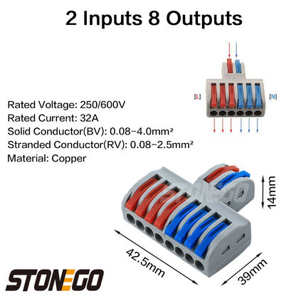 STONEGO 2 In 4/6/8 Several Out Quick Wiring Connector Universal Splitter Wiring Cable Pushin Can Matched Butt Home Terminal Bloc