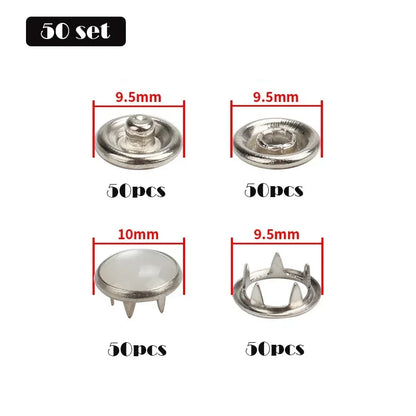 50/100Set 9.5mm Metal Prong Snap Button Press Button Studs Fasteners Hollow Prong Ring for Clothes Garment Sewing Bags Shoes