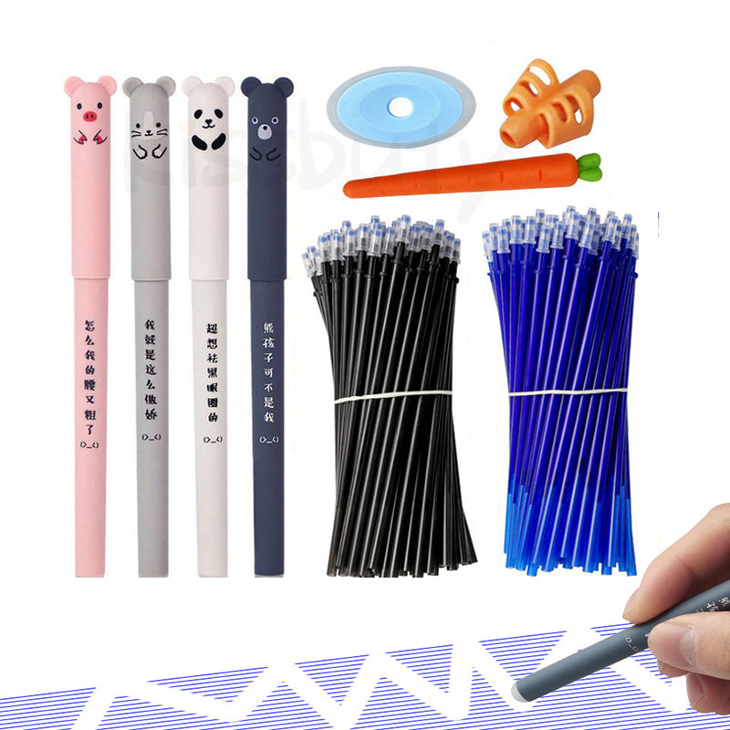 Kawaii Erasable Gel Pen Set Cartoon Animals Cute Cat Erasable Pen Erasable Refill Rod Washable Handle Pen Grip School Stationery