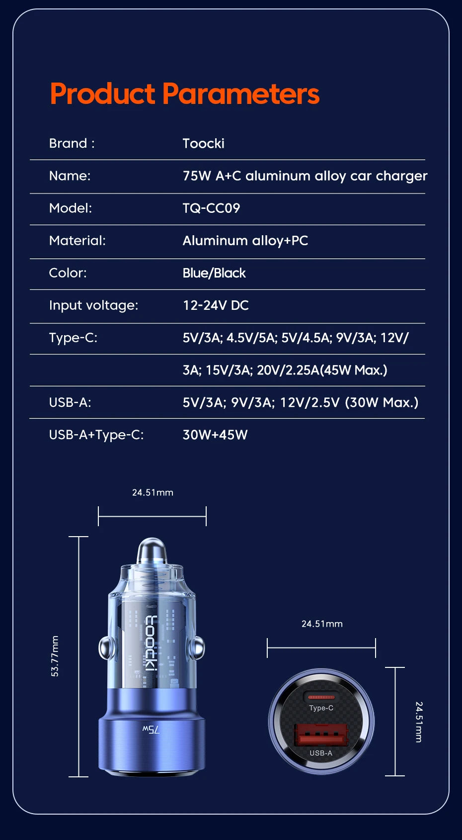 USB C 75W Car Quick Charger QC 4.0 PD 3.0 Type C 45W Fast Charging For iPhone 15 14 13 12 11 Pro Max Xiaomi Samsung Redmi