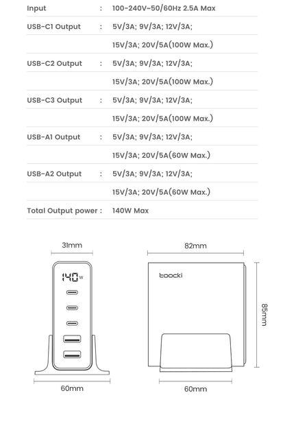 140W GaN USB Charger 5in1 Desktop Fast Charge USB Type C Charger LED Display Charger For iPhone Xiaomi Smartphone Laptop