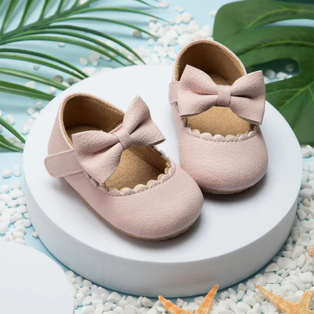 Retro New Newborn Baby Walking Shoes Spring Autumn Solid Color Bow Princess Shoes PU Anti-slip Soft Rubber Bottom Baby Casual