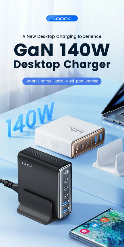 140W GaN USB Charger 5in1 Desktop Fast Charge USB Type C Charger LED Display Charger For iPhone Xiaomi Smartphone Laptop