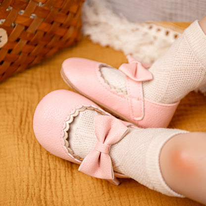 Retro New Newborn Baby Walking Shoes Spring Autumn Solid Color Bow Princess Shoes PU Anti-slip Soft Rubber Bottom Baby Casual