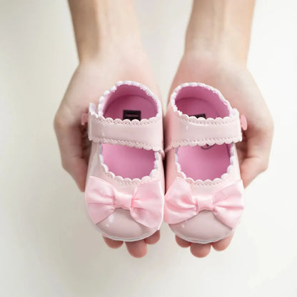 Meckior Classic PU Leather Girl Baby Shoes Bowknot Princess Flat Non-Slip Cotton Bottom Walking Newborn Crib Dress Shoes 0-18M