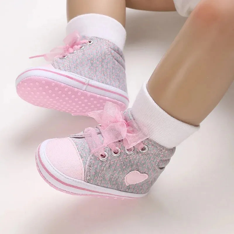 Meckior Newborn Baby Walking Girls Canvas Shoes Heart-shaped Bow Tie Baby Lace Casual Shoes Anti-slip Soft Cotton Sole