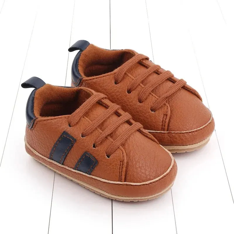 Meckior Striped Baby PU Leather Casual Sneakers Toddler Shoes Newborn Non-slip Rubber Sole Lace-up Infant Boy Girl Shoes