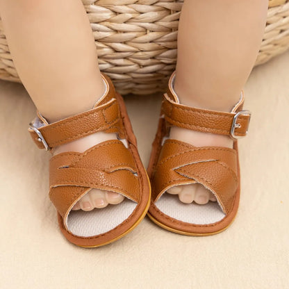 Meckior Newborn Baby Sandals Flats PU Leather Rubber Sole Anti-Slip First Walker Toddler Baby Girl Shoes Summer Infant Shoes