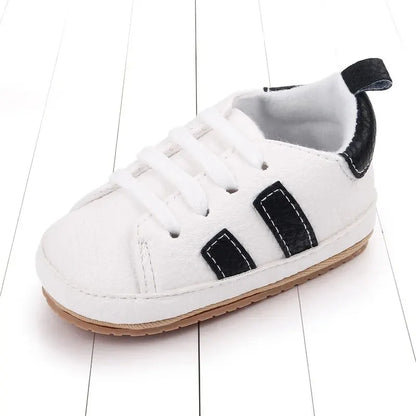 Meckior Striped Baby PU Leather Casual Sneakers Toddler Shoes Newborn Non-slip Rubber Sole Lace-up Infant Boy Girl Shoes