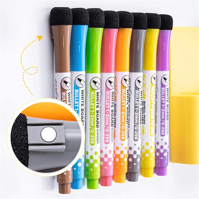 8 Colors Whiteboard Pens, Fine Tip Magnetic Water-Based Pen with Erasable Cap, Magnet Children's Painting Home, School Office