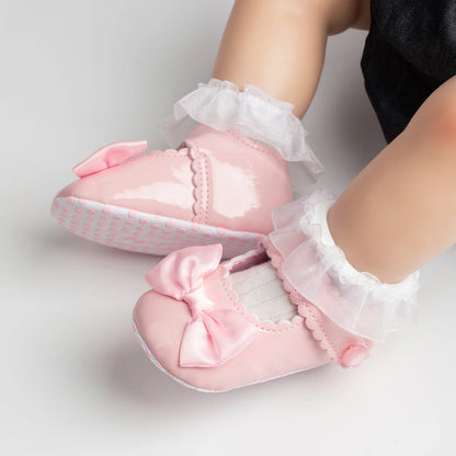 Meckior Classic PU Leather Girl Baby Shoes Bowknot Princess Flat Non-Slip Cotton Bottom Walking Newborn Crib Dress Shoes 0-18M